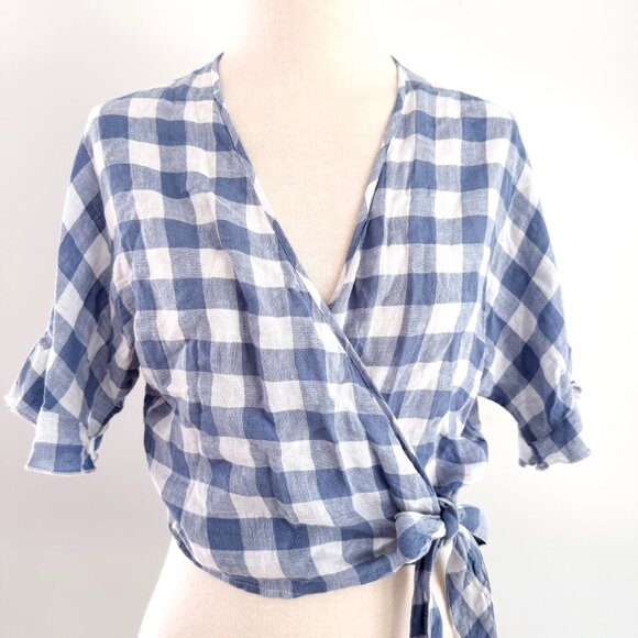 Rails Athena Blue Gingham Cropped Wrap Top XS Linen Blend - Picture 4 of 14